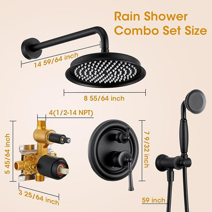 Antique Rain Shower Head with Handheld Spray, Matte Black Rain Shower System with Rough-in Balance Pressure Valve, 9 inch Bathroom Luxury Rain Fall Shower Head Wall Mount Round, (B2312-BK)