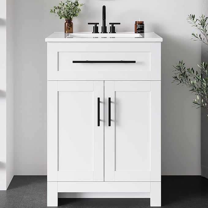 LIKIMIO 24" Bathroom Vanity with Sink, 1 U-Shaped Drawer & 2 Doors, White | Freestanding Bathroom Vanity, Integrated Ceramic Sink, Soft-Close Doors & Drawer, Modern Bathroom Storage Cabinet
