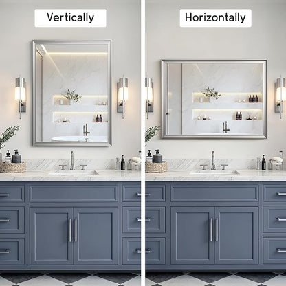 Brushed Nickel Bathroom Mirrors for Over Sink 30x40 Inch | Silver Rectangle Vanity Mirror, Wall Decor for Bedroom, Entryway, Living Room, Aluminum Framed, Curved Wide Edge, Anti-Rust