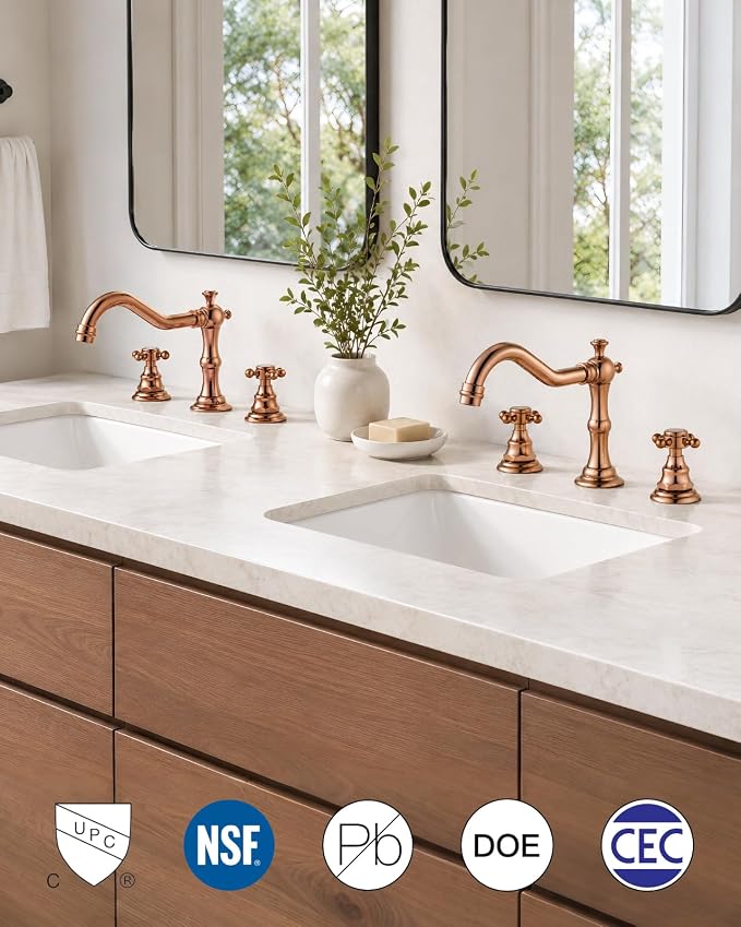 gotonovo 3 Hole 8’’ Widespread Bathroom Sink Faucet Rose Gold | Vintage Bathroom Faucet,2 Cross Handle,6-16’’ Sink,Vanity,Basin,RV,Farmhouse,SUS304,24’’ cUPC Hose Pop Up Drain,Deck Mount