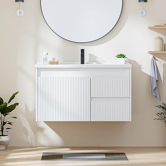 Floating Bathroom Vanity with Sink, 32 Inch Wall Mounted Bathroom Vanity with 2 Drawers and Wave-Carved Design Door, Modern Wooden Cabinet with Ceramic Sink and Storage, White