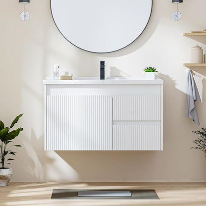 Floating Bathroom Vanity with Sink, 32 Inch Wall Mounted Bathroom Vanity with 2 Drawers and Wave-Carved Design Door, Modern Wooden Cabinet with Ceramic Sink and Storage, White