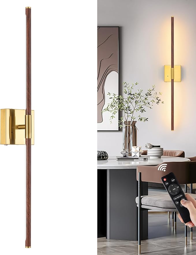 Battery Operated Wall Sconce Single, Walnut Rechargeable Wall Sconce with Remote, Dimmable Sconce Wall Light, 24 Inch LED Wireless Wall Light for Background Wall, Bedroom,Living Room