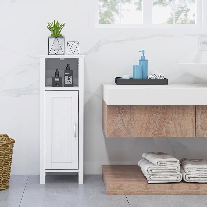 Giantex Narrow Bathroom Storage Cabinet with Adjustable Shelf (White) | Corner Unit with Open Compartment, Anti-toppling Device, Freestanding Small Storage Organizer for Living Room