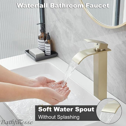 Vessel Sink Faucet Brushed Gold Waterfall Bathroom Faucet with Pop Up Drain | Stainless Steel,Single Handle One Hole Deck Mount,Bowl Vanity Sink Faucet,with 3/8" Supply Hose,Lead-Free by Bathfinesse