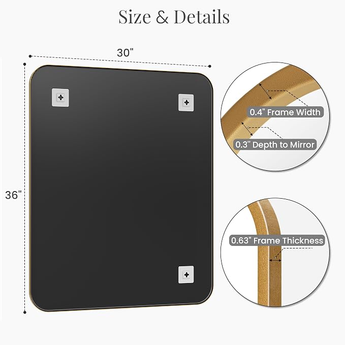 30x36 Inch Antique Gold Rounded Rectangle Bathroom Vanity Mirror | For Over-Sink Bathrooms, Powder-Coated Iron Frame, Layered Shadow Box Look, Two-Way Mount, Protective Packaging