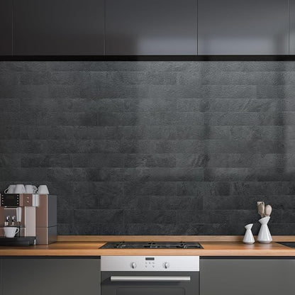 AULIGET 4-Piece Black Slate Peel and Stick Backsplash Wall Tiles, 3" x 12" PVC Faux Stone Stick on Tiles for Backsplash Kitchen, Bathroom, Laundry Room, Camper, Fireplace