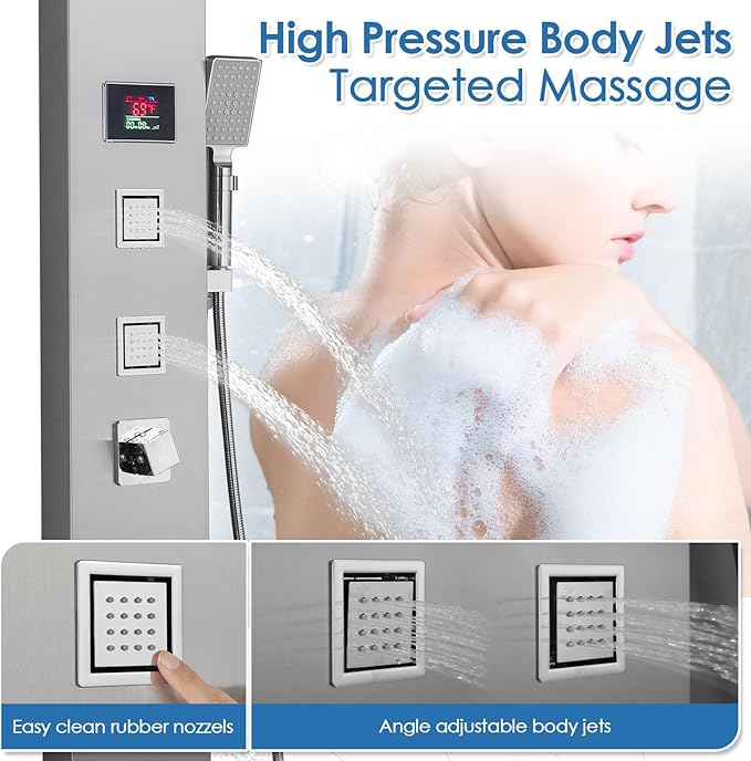 ROVOGO LED Rainfall Waterfall Shower Panel with 3 Body Jets, Handheld and Tub Spout, No Battery Needed Shower Tower with Temp Display, 304 Stainless Steel Brushed