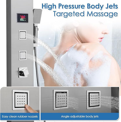 ROVOGO LED Rainfall Waterfall Shower Panel with 3 Body Jets, Handheld and Tub Spout, No Battery Needed Shower Tower with Temp Display, 304 Stainless Steel Brushed