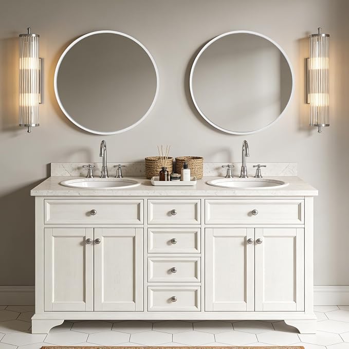 Round Wood Mirror 24 inch Circle Wall Mirror for Bathroom Round Wall Mirror for Wall Decor, Vanity, Entryway Living Room (White)