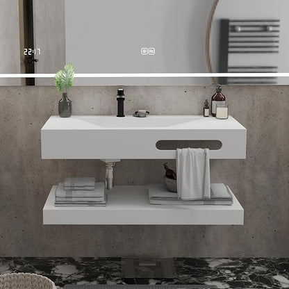 QJ&XY Resin Bathroom Sink 40" Wall Mounted V-Shaped White Basin with Towel Rack, Floating Vanity Sink in Soft-Touch Finish (Double Tier)
