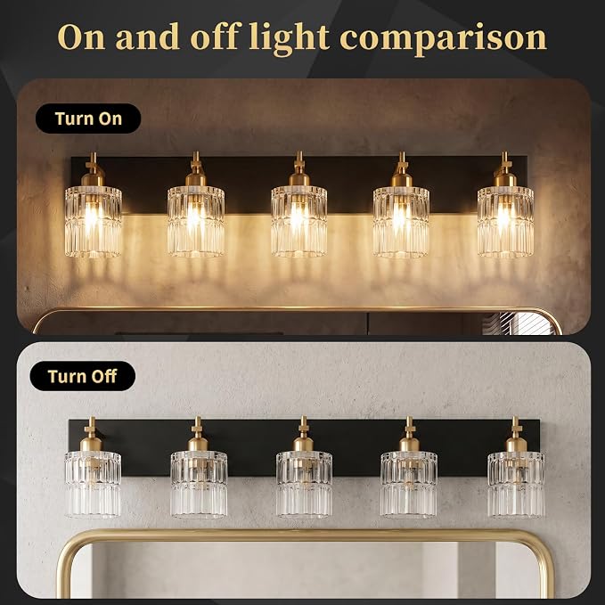 OCIOC 5-Light Black and Gold Bathroom Light Fixtures Over Mirror, Modern Brushed Gold Vanity Lights for Bathroom, Sconces Wall Lighting with Glass Shade for Mirror Bedroom Hallway