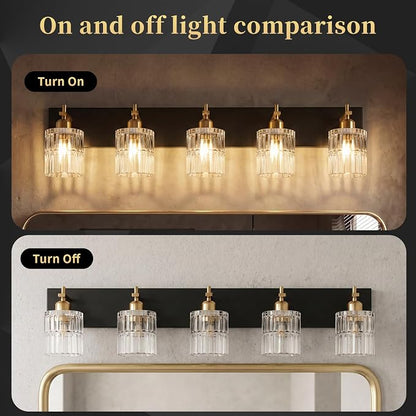 OCIOC 5-Light Black and Gold Bathroom Light Fixtures Over Mirror, Modern Brushed Gold Vanity Lights for Bathroom, Sconces Wall Lighting with Glass Shade for Mirror Bedroom Hallway