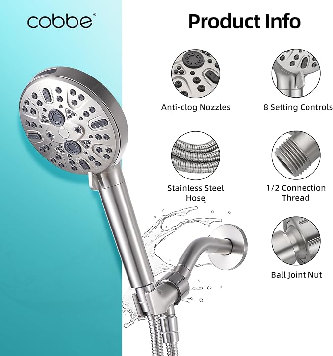 Filtered Shower Head with Handheld - High Pressure 9 Spray Modes Showerhead with 16-Stage Water Softener for Hard Water - Purifying Detachable Hand Held Shower Head, Brushed Nickel