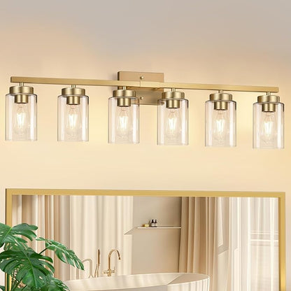 IZORRO Modern Bathroom Light Fixtures, 6 Light Gold Vanity Lights, Bathroom Lightig Fixtures Over Mirror with Clear Glass for Living Room Cabinet