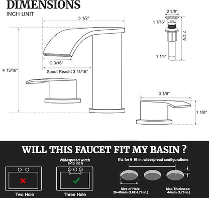 Ultimate Unicorn 8 inch Bathroom Faucet Brushed Gold, Waterfall Bathroom Faucet with Metal Pop-up Sink Drain Stopper and 2 Supply Hoses,2 Handle Widespread Faucets for Vanity Sink 3 Holes (Pack of 2)