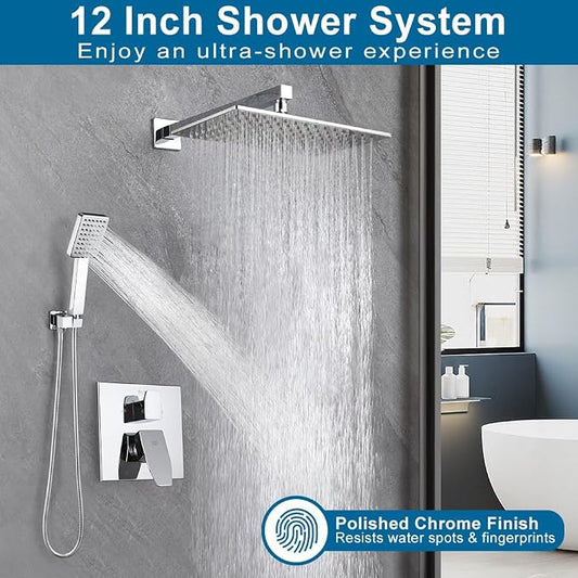 Shower Faucet Set Chrome 12 Inch Shower Head and Handle Set Bathroom Rain Shower System Wall Mounted Shower Fixture with Shower Valve and Trim Kit
