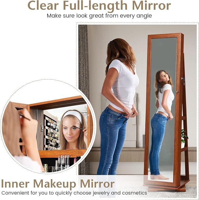 COSTWAY 360 Rotating Jewelry Armoire Cabinet, Standing Jewelry Organizer w/Full-Length Mirror & Large Storage Space, Lockable Mirror Jewelry Cabinet for Girls Women (Walnut)