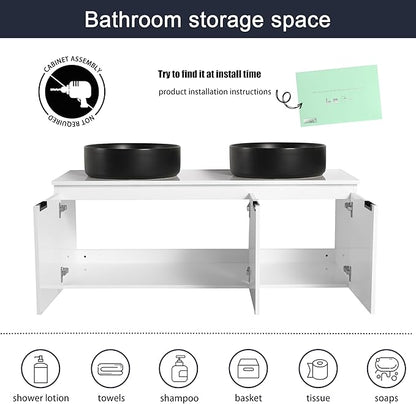 48 Inch Bathroom Vanity with Sink, 48" Floating Bathroom Vanity with Double Vessel Sinks, Modern Wall Mounted Cabinet Set, White Storage Cabinet with 3 Soft Close Doors and 2 Black Ceramic Basin Sinks