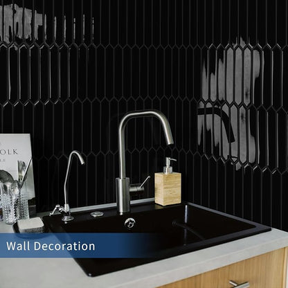 10 Sheets Long Hexagon Tile Peel and Stick Backsplash | Self-Adhesive Wall Tiles Stick on Back Splash for Kitchen, Bathroom, Fireplace,RV(Black,12"×12")