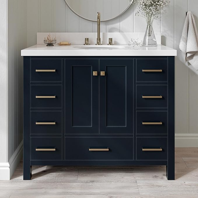 ARIEL Cambridge 42-inch Bathroom Vanity with Sink,Solid Wood, 1.5-inch Pure White Quartz Countertop & Backsplash, Single Oval Porcelain Sink, 2 Soft Closing Doors, 9 Dovetail Drawers, Midnight Blue