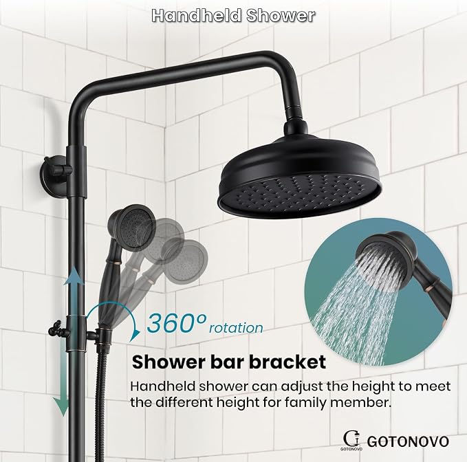 gotonovo Exposed Shower System Wall Mount,Oil Rubbed Bronze,Metal Handheld | 8” Rain Shower Head Faucet Set Fixtures,2 Function,Two Cross Handle,Height Adjustable,for 5-6.7" Hole,Indoor Victorian Retro