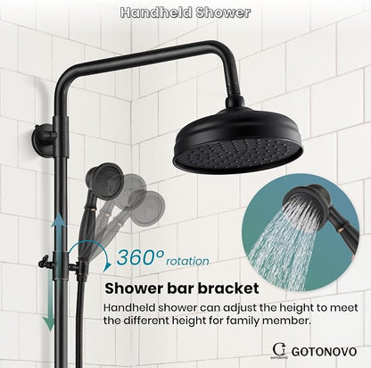 gotonovo Exposed Shower System Wall Mount,Oil Rubbed Bronze,Metal Handheld | 8” Rain Shower Head Faucet Set Fixtures,2 Function,Two Cross Handle,Height Adjustable,for 5-6.7" Hole,Indoor Victorian Retro