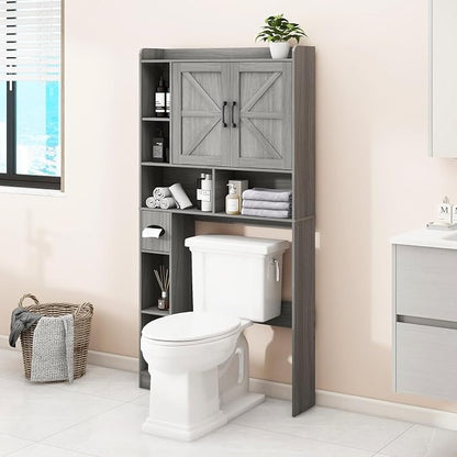 Vabches Over The Toilet Storage Cabinet with 2 Barn Doors, Gray | Farmhouse Storage Cabinet with Toilet Paper Holder Stand，Home Space-Saving Toilet Rack, for Bathroom, Restroom, Laundry