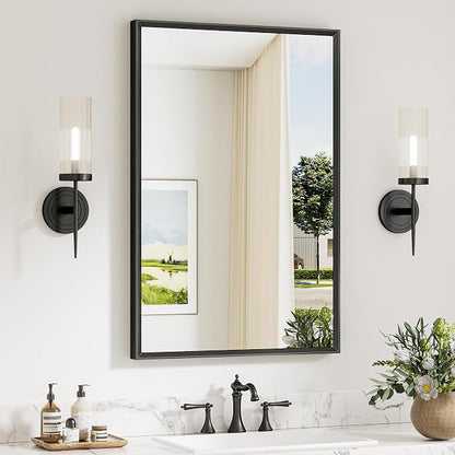 Keonjinn 24" x 36" Black Bathroom Mirrors for Wall, Anti Rust Metal Frame | Rectangular Mirrors for Bathroom Sink, Black Bathroom Vanity Mirror, Square Corner, Safety Tempered Glass, Farmhouse Style
