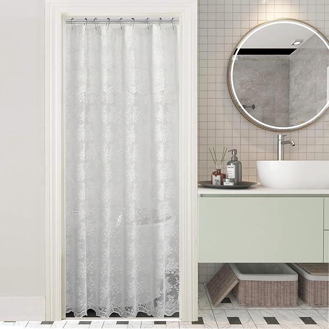 White Lace Stall Shower Curtain 36x72, Vintage with Attached Valance | Standing Shower Curtain with Floral Lace and Scalloped, Filters Soft Light for Victorian stalls, RVs and Small Bathrooms