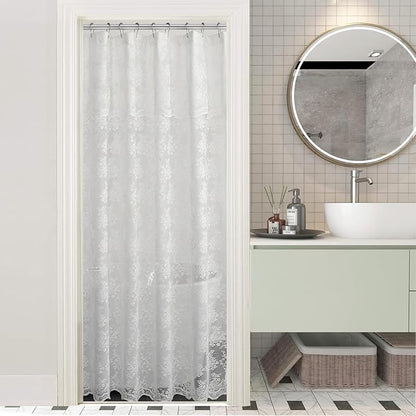 White Lace Stall Shower Curtain 36x72, Vintage with Attached Valance | Standing Shower Curtain with Floral Lace and Scalloped, Filters Soft Light for Victorian stalls, RVs and Small Bathrooms