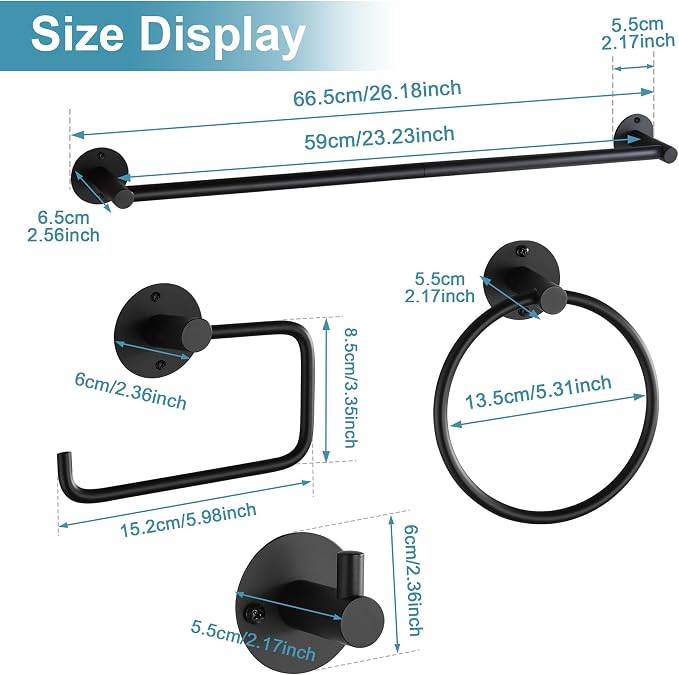 Towel Racks for Bathroom 4 Pieces,Matte Black Stainless Steel Bathroom Accessories Set Wall Mounted Included 24 Inches Towel bar,Towel Holder,Toilet Paper Holder,Robe Hook