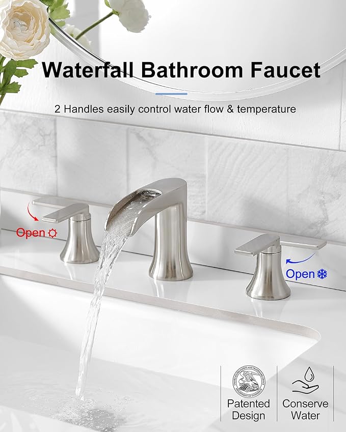 Brushed Nickel Widespread Bathroom Faucet, 2 Handles Waterfall Faucet, Bathroom Faucets for Sink 3 Hole, 8 Inch Solid Brass Bathroom Sink Faucets for Vanity Lavatory Restroom with Pop Up Drain