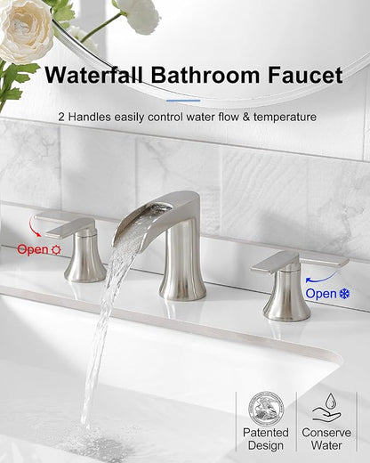 Brushed Nickel Widespread Bathroom Faucet, 2 Handles Waterfall Faucet, Bathroom Faucets for Sink 3 Hole, 8 Inch Solid Brass Bathroom Sink Faucets for Vanity Lavatory Restroom with Pop Up Drain