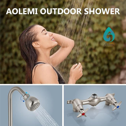 Aolemi Outdoor Shower Kit, 6-Inch Center, 2-Handle, Brushed Nickel | Solid Brass Mixer Valve, SUS304 Shower Pipe, Dual-Handle Hot And Cold Control, Reversible Inlets, and Rotating Head