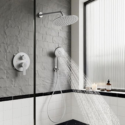 Shower Faucet Set 10IN Brass Rough-In Valve Body Trim Kit Rainfall Included Handle Accessories Complete 2 Functions with Rain Head and Handheld Bathroom Systems (10'', Brushed Nickel)