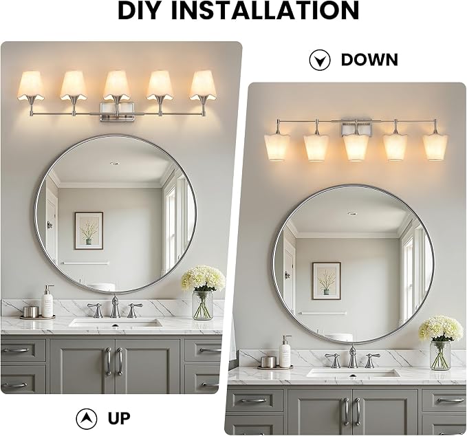 Brushed Nickel Bathroom Vanity Light: 5 Light Vanity Lighting Fixtures with Flared Fabric Shade, Modern Bathroom Lighting Fixtures over Mirror, Wall Sconce Lights for Bedroom Hallway Living Room