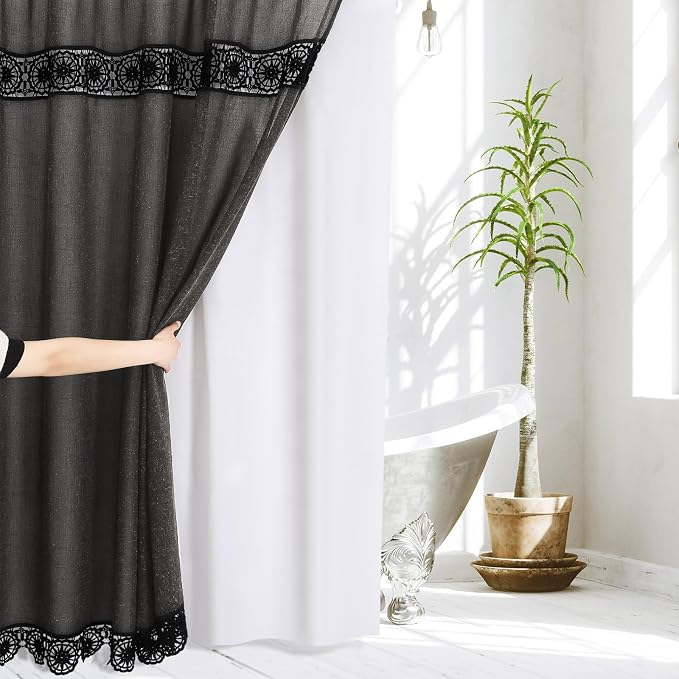 Boho Lace Shower Curtain Liner Set 72x72 | Farmhouse Shower Curtain with Macrame Decor, Bohemian Cotton French Country Bath Curtain , Black