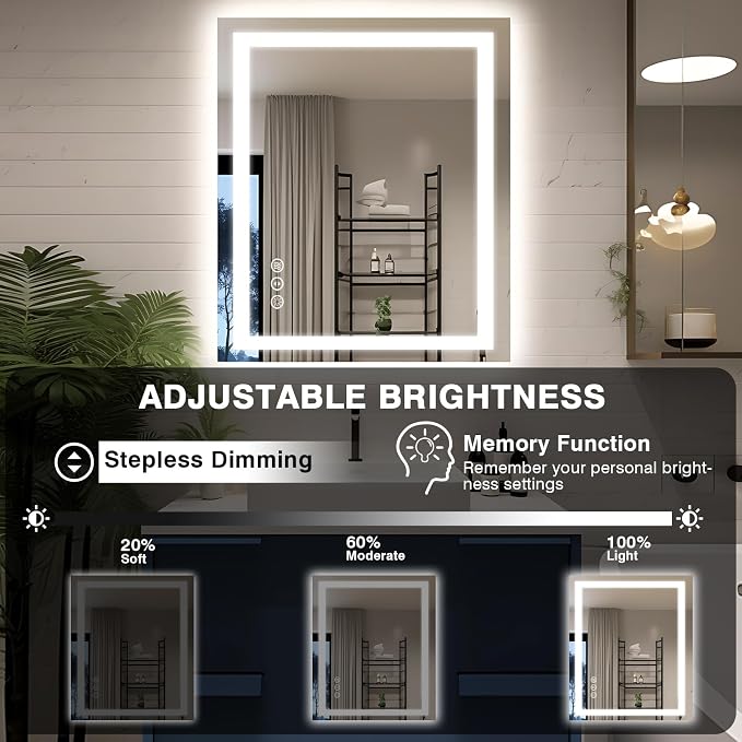 EchosLife 30"x36" LED Bathroom Mirror with Lights | Backlit + Front Lit, Anti-Fog, Stepless Dimmable, 3 Colors, Memory, Tempered Glass, UL Listed, Horizontal/Vertical