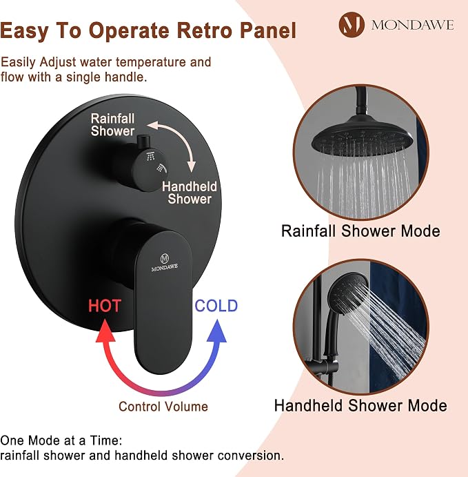 MONDAWE 8 Inch Wall Mounted Shower Faucet Set in Matte Black, Rainfall Shower Head with 3-Setting Handheld Spray Shower Set Combo, High Pressure Shower System with Solid Brass Valve