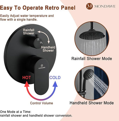 MONDAWE 8 Inch Wall Mounted Shower Faucet Set in Matte Black, Rainfall Shower Head with 3-Setting Handheld Spray Shower Set Combo, High Pressure Shower System with Solid Brass Valve