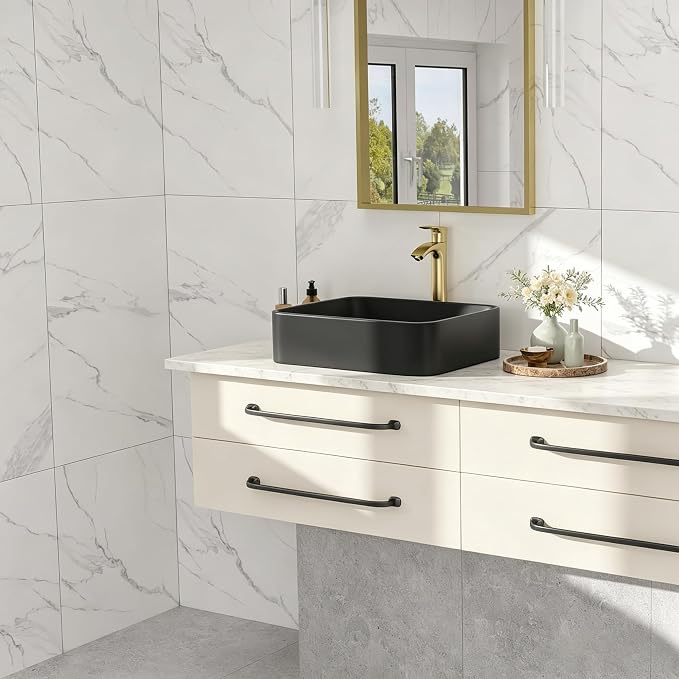 Black Vessel Sink, 19x15 Inch Bathroom Sink Rectangle Above Counter | Modern Ceramic Vessel Sink, Stain Resistant Wash Basin for Bathroom Vanity & Powder Room