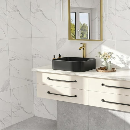 Black Vessel Sink, 19x15 Inch Bathroom Sink Rectangle Above Counter | Modern Ceramic Vessel Sink, Stain Resistant Wash Basin for Bathroom Vanity & Powder Room
