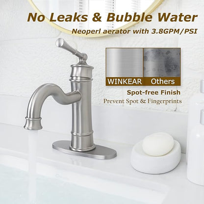 Roman Bathroom Sink Faucet Brushed Nickel Single Hole Deck-Mount Pop-up Drain Assembly with Overflow Deck Plate and Water Supply Lines Included