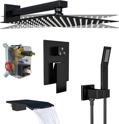 Shower Faucet Set 10 Inch Rain Shower Head High Pressure Handheld Shower,Wall Mounted Bathroom Shower System with Tub Spout and Rough-in Valve Trim kit,Matt Black | Safe Pressure Balance Valve Bathroom Shower Faucet Set with Handheld, All-Metal Water S...