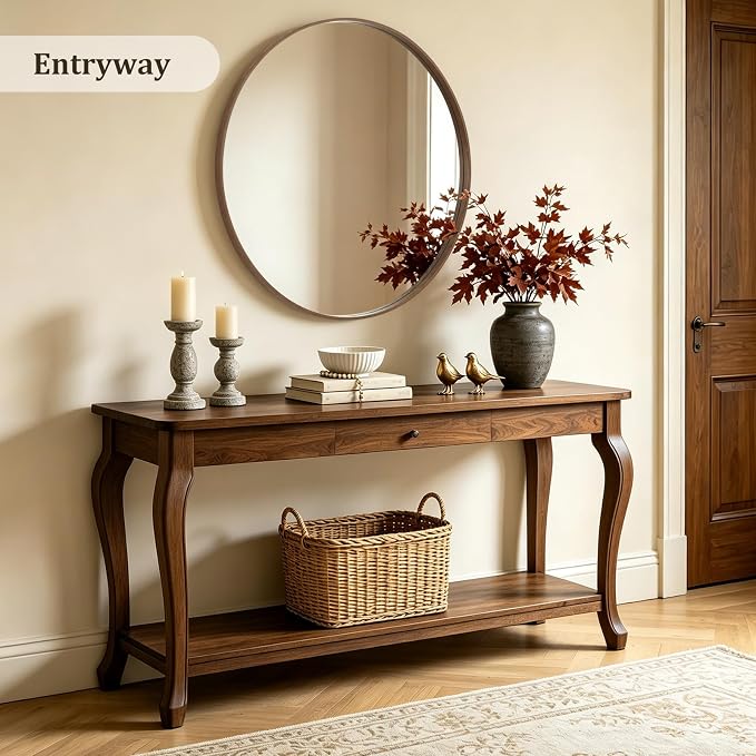 Round Wood Mirror, 40" Round Modern Decoration Large Circle Wall Mirror for Bathroom Living Room Bedroom Entryway, Walnut