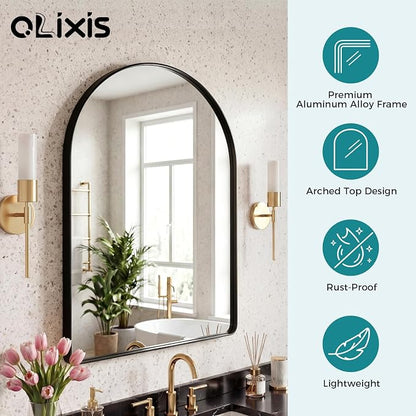 OLIXIS 30x20 Inch Arched Bathroom Wall Mirror, Rounded Rectangle, Black | Modern Wall Mount Vanity Mirror for Over Sink with Matte Metal Deep Framed, for Home Decor, Living Room