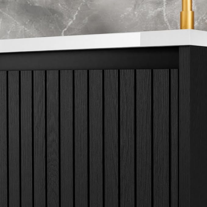 30 Inch Floating Bathroom Vanity with Ceramic Sink, Modern Striped Wall Mount Vanity Cabinet with Compartmentalized Storage Drawer, Black