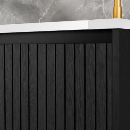 30 Inch Floating Bathroom Vanity with Ceramic Sink, Modern Striped Wall Mount Vanity Cabinet with Compartmentalized Storage Drawer, Black