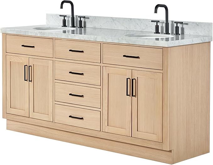 ARIEL Hepburn 72-inch Bathroom Vanity with Sink,Solid Wood, 1.5-inch Italian Carrara Marble Countertop & Backsplash, Double Oval Porcelain Sink, 4 Soft Closing Doors, 6 Dovetail Drawers, White Oak